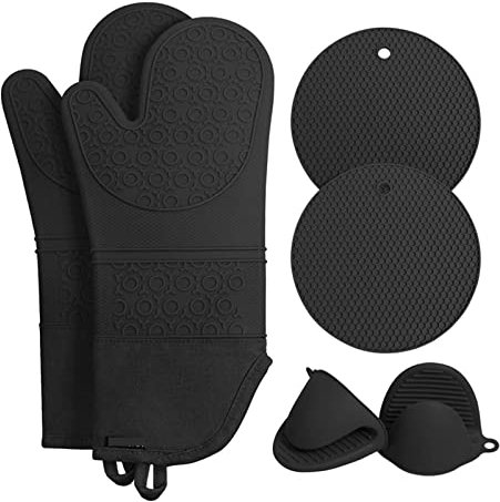 YQVEOT 2 Paar extra lange Ofenhandschuhe und Topflappen-Sets, hitzebeständige Silikon-Kochhandschuhe, Hot Pads, Topflappen - Arbeitshandschuhe(4pairs)