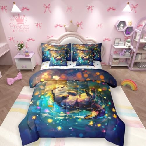 7 Pieces Cute Otter Kids Comforter Queen,Stars Galaxy Pond Animals Rustic Farmhouse Bedding Set,Cartoon Sea Otter Romantic Blue（Comforter+Fitted+Flat Sheet+2 Pillowcases+2 Throw Pillow Covers）