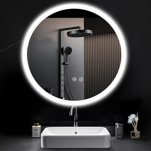 PESENXAN Runder Spiegel mit Beleuchtung, 60x60cm Badspiegel mit Beleuchtung Rund 3 Lichtfarbe Einstellbare, Dimmbar, LED Spiegel Bad mit Touch-Schalter, Speicherfunktion, Warmweiß/Kaltweiß/Neutral