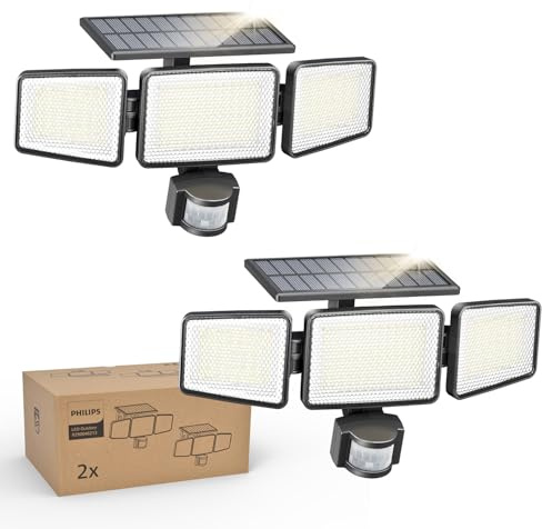 Philips Solar Security Light Outdoor 302 LED 1200lm，Solar-Powered Waterproof Wall-Mounted Flood Light w/PIR Motion Sensor, 3 Heads, IP65 Waterproof, 3 Modes (2 Packs)