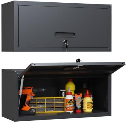 FLIXELIO Metall-Garagenschrank mit Klapptür, abschließbare Werkzeugschränke, Garagenschrank, Wandmontage, robuster Stahl-Metallaufbewahrungsschrank für Küche, Wäsche, Lager, Montage erforderlich