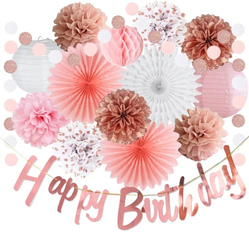 Geburtstagsdeko Frauen Mädchen Rosa Weiß Roségold Geburtstag Party Deko Seidenpapier Pom Poms Papierfächer Papierlaterne Happy Birthday Girlande für Geburtstag Dekoration