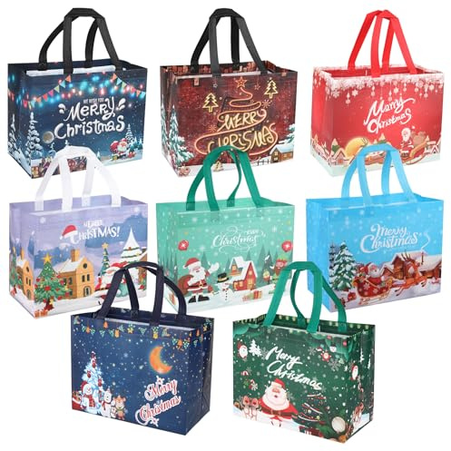 8 Stück Weihnachtstüten, Klein Wiederverwendbare Geschenktüten Weihnachten mit Griffen für Weihnachten und Partygeschenke