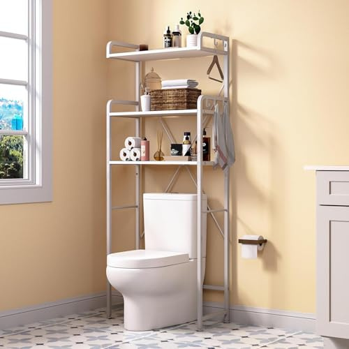 Étagère de toilette, étagère de machine à laver, étagère de toilette à 3 niveaux, étagère de salle de bain avec 5 crochets, gain de place, pour buanderie, salle de bain, toilettes - Blanc