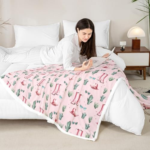 Manfei Western Cowgirl Kids Throw Blanket,Cowgirl Boots Hat Vintage Rustic Farmhouse Girls Boys Bed Blanket,Cactus Tropical Botanical Pink Fuzzy Blanket,Queen Size (90 x 90 Inches)