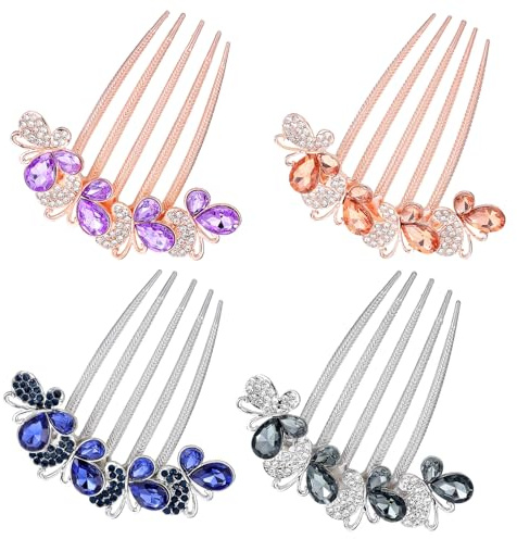 Tyqour 4 Stück Strass Haarkamm Haarkämme mit Strass Schmetterlinge und Blumen Haarkämme Strasssteine Haarseitenkämme Blumen Haar Steckkamm Braut Haarschmuck Haar Seitenkamm für Frauen Mädchen