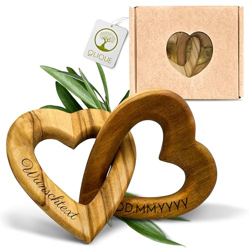 OLIQUE Holzherzen personalisiert, Olivenholz - Verbundene Holz Herzen mit Gravur als individuelles Geschenk zur Hochzeit, Hochzeitstag oder Verlobung (15 cm)