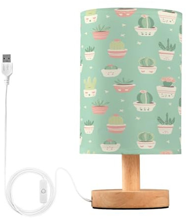 Cgiub Lampe de chevet en forme de cactus pour chambre à coucher, lampe de chevet LED, lampe de lecture avec abat-jour en tissu, base en bois et port USB pour bureau, salon, chambre d'enfant