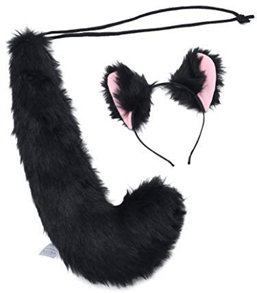sy soul young Damen Kunstpelz Fuchs Schwanz und Ohren Set Katzenkostüm Tier Cosplay Kostüm Halloween Weihnachten Karneval(Schwarz)