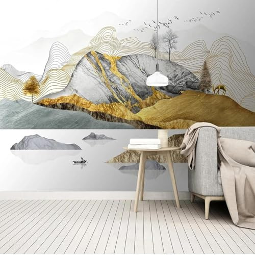 XLMING Abstract Line Landscape Elk Tree Birds 3D Wallpaper Premium Textured Silk Study Dining Living Room Bedroom Sofa TV Wall Easy Install-250cm×170cm