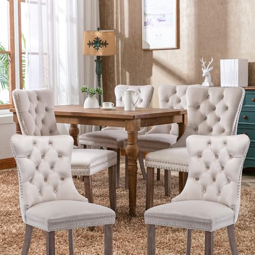 Set Sedie Sala da Pranzo 6, Sedie Cucina Set da 6, Sedie da Sala da Pranzo con Schienale Alto in Velluto, Sedia da Pranzo Imbottita Morbida con Gambe in Legno, decorazione con rivetti, Beige