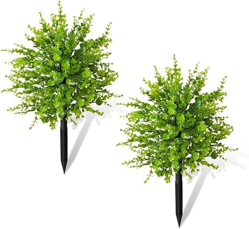 JOYWU Outdoor Artificial Flowers with Ground Spikes,2 Pcs Artificial Boxwood Topiary Ball Tree with Flowers for Cemetery Porch Garden Decor,UV Resistant Plastic Greenery Shrubs Plants,50cm (Green)