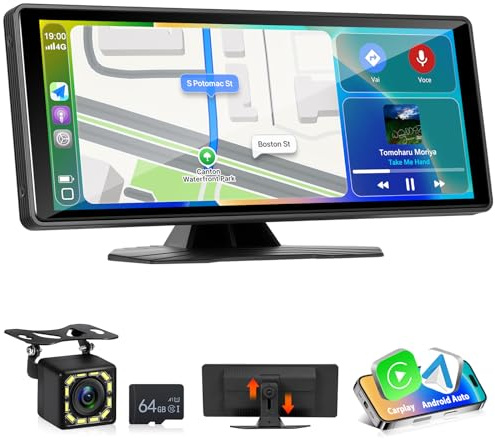 Motorsi Carplay Autoradio Portatile, Schermo Bluetooth per Auto 10.26 Touchscreen Monitor, 12-24V Smart Dash Andriod Auto GPS Navi AUX EQ Mirror Link FM Assistente Vocale 64G TF Telecamera Posteriore