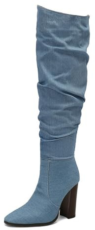 Générique Bottes Femme Slouchy Mi-Mollet À Bout Carré, Modèle Grande Taille avec Talon Compensé pour Un Style Décontracté Et Tendence,Denim,35 EU