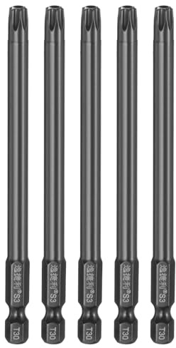 QUARKZMAN 5Pz T30 Security Torx Head Screwdriver Bit 1/4 Hex Shank 4 (100mm) Long Magnetic Tamper Proof 6 Point Star Screw Driver Drill Bit S3 Steel Mirror Polished Power Tool With Hole