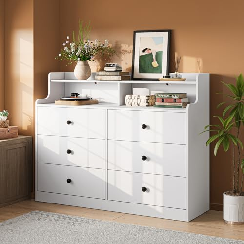 LINSY HOME Kommode mit 6 Schubladen, Weiß – Hochwertiger Schubladenschrank aus Holz, Wäschekommode fürs Schlafzimmer, Modernes Design, Maße: 133 × 102,8 × 39,8 cm