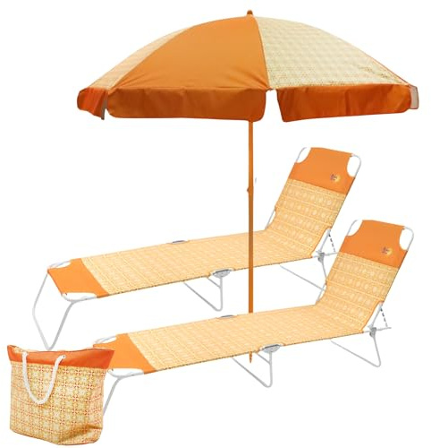 SUNNY STAR Set da spiaggia 2 lettini + 1 ombrellone + 1 borsa mare 45lt arancione fantasia (2 STC0167+ 1STC0170+1 STC0194)