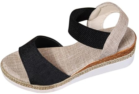 Espadrilles för damer kilklack, kilsandaler damer eleganta strandsandaler platå sommarsandaler bekväma sommarskor andas ankelremmar sandaler gummiband sandalett, svart, 38 EU