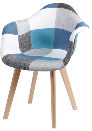 BUYBUY Poltroncina Serie Picasso in PP con Seduta in Spugna Ricoperta in Stoffa Stile Patchwork, Piedi in Faggio e Metallo, Colori Freddi