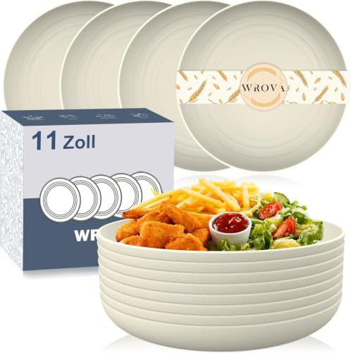 Wrova Lot de 8 grandes assiettes creuses réutilisables - 28 cm - En plastique incassable - Pour salade, frites, hamburgers - Passe au lave-vaisselle - Pour cuisine, camping, mariage - Beige