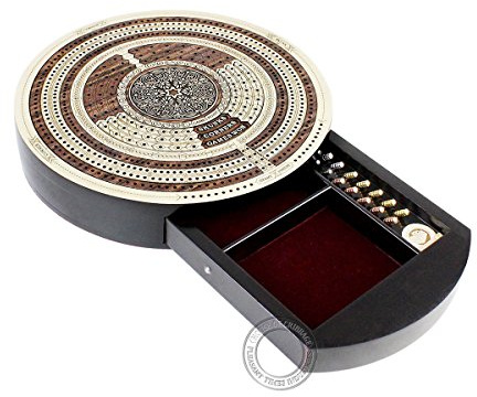 House of Cribbage - 10 Round Shape 4 Tracks Continuous Cribbage Board Rosewood/Maple - Push Drawer with Score Marking Fields for Skunks, Corners & Won Games