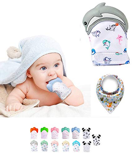 Funky Planet Beißhandschuh für Babys ab 0 Jahren - Beißhandschuh Baby Teething Toy - Raschelnder Zahnhandschuh für Zahnungshilfe aus Lebensmittelechtem Silikon + Bandana-Lätzchen mit Clip