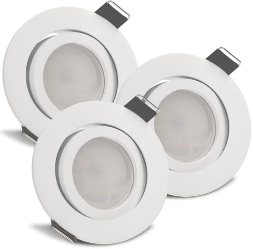 trendlights24 Bianco LED Einbaustrahler 230V Weiß matt rund dimmbar, 3er Set ultra flach 35 mm LED-Spots 5W Kaltweiß, Decken Einbauleuchte schwenkbar