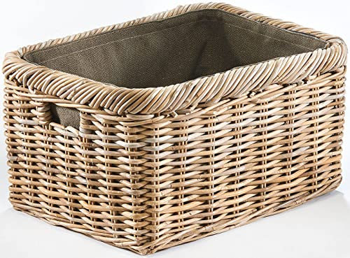 Kobolo Holztrage aus Rattan Kubu | 55x41x30 cm | grau | stabiler Kaminholzkorb mit Griff & Juteeinsatz | robuster Brennholzkorb für Kaminholz | dekorative Aufbewahrung von Zeitungen & Accessoires