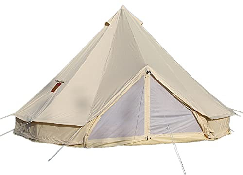 TentHome Campingzelt Wasserdicht Tipi Zelt Familienzelt Pyramidenzelt Baumwolle Indianerzelt mit Ofenloch, Bodenwanne Glockenzelt Bell Tent Rundzelt Gruppenzelt Stehhöhe, beige