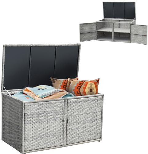 Giantex Rattan Deck Box Outdoor&Indoor 88 Gallon Wicker Storage Box W/Separate Storage Shelf, Openable Door and Tools Storage for Patio,Garden, Balcony, Porch, Yard Rattan Storage Box (Gray)