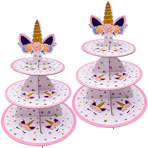 YHSWIN 2 Pezzi Alzata per Torta Cartone, Unicorno 3 Livelli Alzata per Cupcake Cartone, Supporto per Cupcake Rotondo per Anniversari di Matrimonio e Baby Shower, Decora la Tua Festa