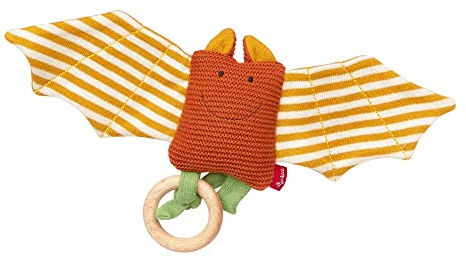 SIGIKID 39673 Strick-Greifling Fledermaus Knitted Love, Babyspielzeug aus Baumwollstrick mit Holzring und Rassel, zum Greifen, Hören und Spielen für Babys von 3-12 Monaten, Orange, 8x34x3 cm