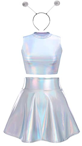 Alien Kostüm Damen Sexy Metallic Glitzer Crop Top+Mini Röcke+Alien Haarreif Rave Outfit