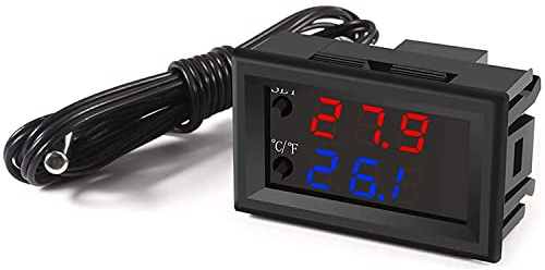 Greluma DC 12V Temperaturregulator Programmerbar -50 till 110 ℃ (-58 till 230 °F), Röd/blå LED-Display Monitor Värme/Kylning Termostat Kontroll Modul med NTC 10K Vattentät Sensorsond