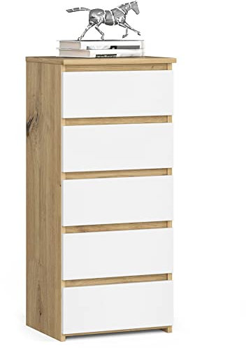 AKORD Kommode CL5 40 cm | 5 Schubladen | Schrank | für das Wohnzimmer | für das Schlafzimmer | B40 x H92 x T35 cm | Gewicht 21,9 kg | Artisan Eiche/Weiß