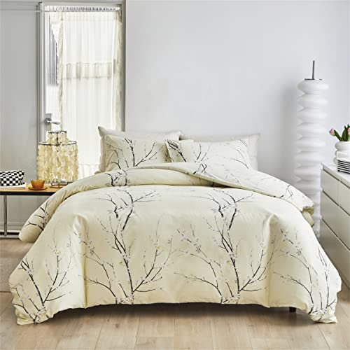 Nyescasa Bettwäsche 135x200 2 Teilig Beige Gelb Blumen Botanisch Muster Bettwäsche-Set Blume Zweig Design Wendebettwäsche Weiche Mikrofaser Bettbezug mit Reißverschluss und Kissenbezug 80x80cm