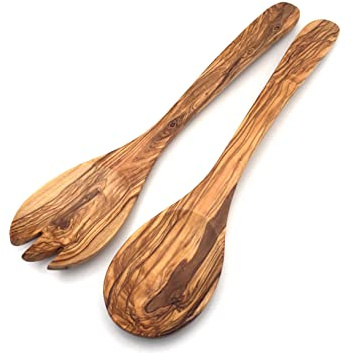 medina mood Lot de 2 couverts à salade Vienne - Longueur : 25/30/35 cm - Cuillère à salade - En bois d'olivier - Fait main (35 cm)