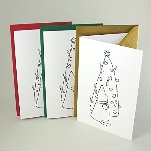 Kettcards 9 einfache Weihnachtskarten mit je drei goldenen, dunkelgrünen und roten Umschlägen: Hund am Weihnachtsbaum, Ausmalkarten zu Weihnachten