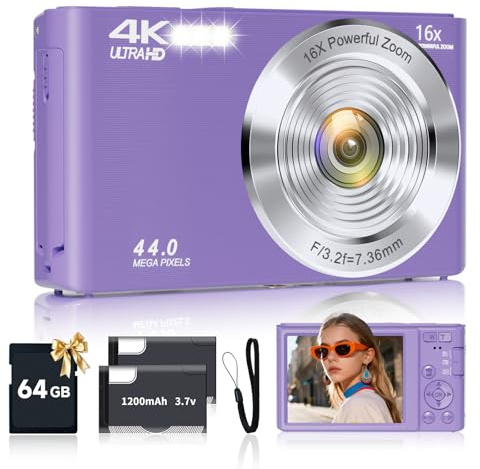 SMARTKLIK Digital Camera for Teens, FHD 4K 44MP with 64GB SD Card, 16X Digital Zoom, Purple