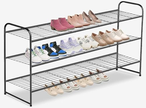 MISSLO Long 3-Tier Shoe Rack Organiser, Holds 24-Pair, Heavy Duty Black Shoe Rack for Men Women, with Wire Grid Metal Shoe Racks Storage Shelf Organizer for Closet, Entryway, Bedroom