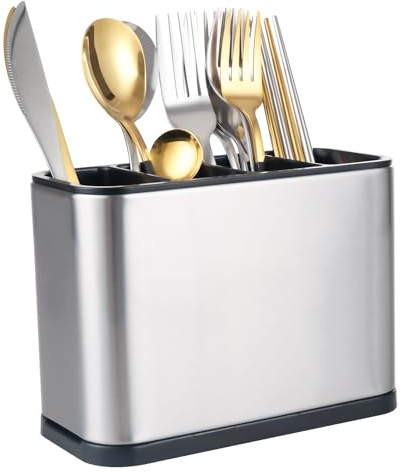 WOPPLXY 4 Fächer Besteckhalter, 18 x 8,6 x13 cm Utensilienhalter Küche mit Abtropfgestell, Multifunktionales Küchenutensilienhalter aus Edelstahl für Küchenutensilien und Besteck