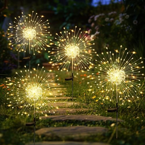 GIGALUMI Solar Lights Outdoor Garden, Solar Firework Lights 120 LEDs 4 Packs, Starburst Light Waterproof for Yard Lawn Party Patio Wedding Decor(Warm White)