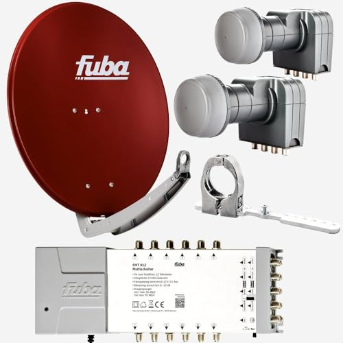 Fuba Sat Anlage 12 Teilnehmer - 2 Satelliten (z.B. Astra/Hotbird) | DAA 780 R Satellitenschüssel 80cm Alu rot (Testergebnis: ausgezeichnet)* + 2X LNB + Multifeed + Multischalter 12 Teilnehmer
