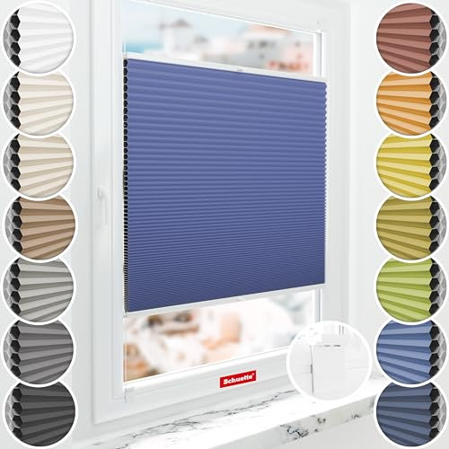 Schuette® Wabenplissee ohne Bohren zum Kleben ● Blackout x Honey ● Skyline (Blau) ● 130x120cm (Breite x Höhe) ● Suprafix Klebehalter & Schraubhalter 2in1 ● Bequeme Montage