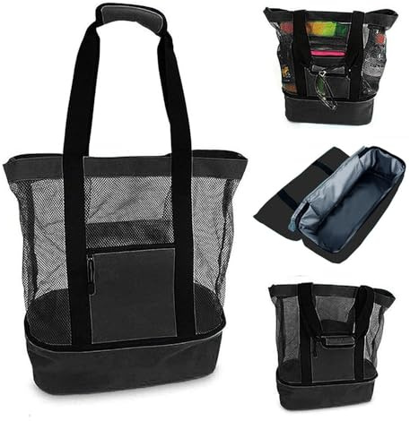 Oaygat Mesh Beach Tote with Detachable Cooler, Picnic Organizer with Zipper for Women Men, Dry and Wet Separation Insulation Pack, Foldable Net Toy Storage Pool Bag