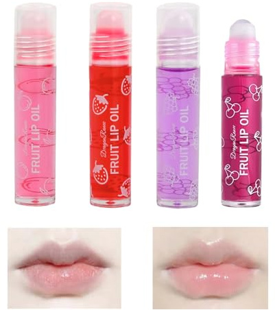 4 Pcs Baume À Lèvres Roll on Lip Gloss, Huile À Lèvres Transparente Fruitées Incolore, Lip Balm Oil Nourrissant et Hydratant Brillants à Lèvres Aromatisés aux Fruits Pour Sèches et Gercées