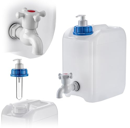 KADAX Wasserkanister mit Ablasshahn, Wasserbehälter mit Wasserauslauf, Kanister mit Integrierter Zapfhahn und Seifenspender, Camping Tank Reisekanister