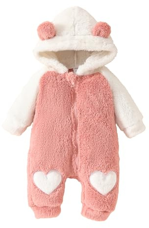 MAHUAOYIXI Toddler Baby Romper Infant Baby Girls Long Sleeve Footies Hooded Zipper Closure Bear Ear Snowsuit Winter Fuzzy Jumpsuit for Baby Girls Christmas Clothes Casual Daywear(Pink, 3-6 Months)