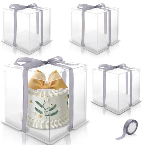 LDHHYH 4 Stück Transparente Geschenkbox mit Sockel und Band, 22x22x24CM, Ideal für Kuchen, Desserts, Kekse, Schokolade, Muffins, Kunsthandwerk und Geschenke