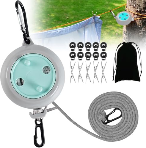 Wäscheleine Ausziehbar, 10m Wäscheleine Outdoor, Wäscheleine Camping Tragbare Outdoor Reise rutschfeste Wäscheleine Mit Zubehör für Badezimmer Waschküche Garten Reise(Tiffanyblau)